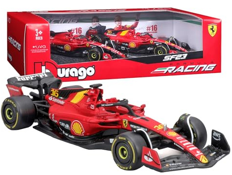 Bburago - Geschenkpaket Ferrari SF-23-2 Modellautos 1:43, Diecast mit Leclerc Standard & Monza-Lackierung, offizielle Ferrari-Lizenz, ab 3 Jahren empfohlen