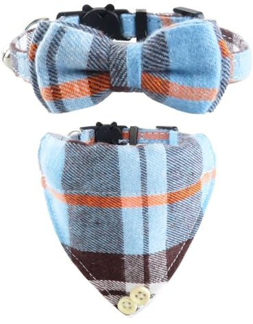 UYRVAPE 2pcs Katzenhalsbänder mit Glocken Abnehmbare Fliege Bandana, Kätzchen Halsband Katze Bandana Hundefliege, Katzenhalsband mit Glöckchen, Kariertes Katzen halsbänder mit Schleife, Blau