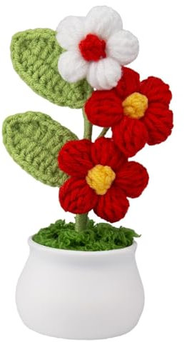 pixomixo Artificial Flowers Puff Crochet Flowers Potted Plant, Mini Knitted Flower Pot, Small Handmade Crochet Flower for Home Office Decor, Birthday Gifts for Her (Red)