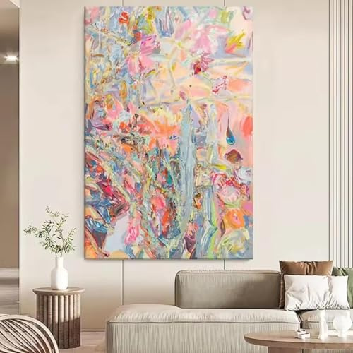 XBTYKPB Pintura al óleo floral abstracta y colorida sobre lienzo, textura hecha a mano, arte de pared bohemio, sala de estar, decoración del hogar, lienzo de 70 x 100 cm con marco.