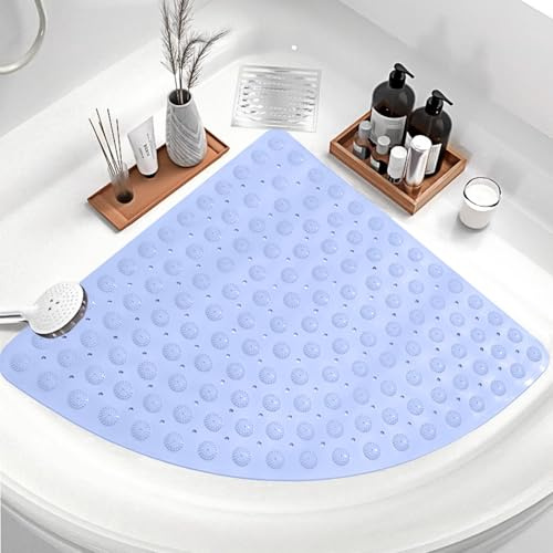 Wintfarm Tappetino da doccia angolare antiscivolo, 65 x 65 cm, grande tappetino da bagno antiscivolo anti muffa, curvo per doccia interna con foro di scarico, lavabile in lavatrice, antibatterico (blu