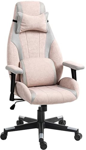 HOMCOM Chaise de Jeu avec Soutien Lombaire, Appui-tête pour Adultes, Chaise de Bureau d'ordinateur en Tissu avec Hauteur et accoudoirs réglables, pivotante à 360° pour Bureau à Domicile, Rose pâle