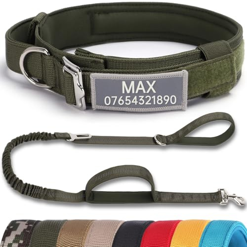 SEOUGEE Tactical Dog Collar Personalised with Handle and Leash Set, Soft Padded Dog Collars with Custom Reflective Name Patch, Pet Collars with Portable Buckle for Medium Large Dogs (Green Set, XL)