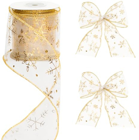 G2PLUS 6cm Wired Organza Christmas Ribbon: 9m Gold Christmas Tree Ribbon with Snowflake Pattern for Gift Wrapping, Xmas and Winter Decoration