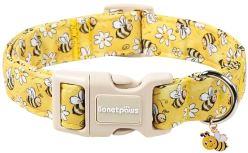 Lionet Paws Frühlings-Hundehalsband Niedliches gelbes Hundehalsband mit Bienenmuster, Kunststoffschnalle und Bienenanhänger, Hundehalsbander für kleine bis mittelgroße Hunde
