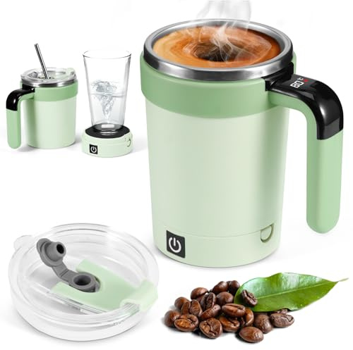 Selbstrührende Tasse 380ml mit Temperaturanzeige & Stroh, Automatischer Magnetischer Rührbecher aus Edelstahl, Elektrischer Kaffeebecher für Milch Kakao Kaffee im Büro Zuhause Reisen (Grün)
