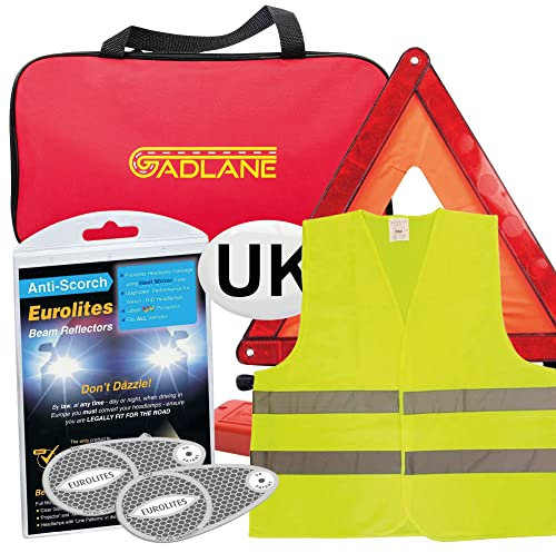 GADLANE 4 Piece Car Travel European Driving Kit - Eurolites Headlamp Beam Deflectors Converters, Warning Triangle, High Visibility Vest & UK Plate - Europe & France Driving Kit 2025