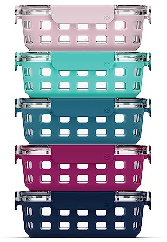 Ello Duraglass Glass Food Storage Meal Prep Containers - Glass Food Storage Meal Prep Bowls with Silicone Sleeve and Airtight Lids, 10 piece 5 pack, Evening Orchard