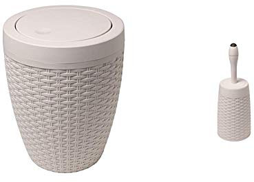 Addis Faux Rattan Round Bathroom Bin with Swing lid, Calico, Linen, 5 litre & Faux Rattan Round Toilet Brush Set with Internal Detergent Injection System, Calico Linen