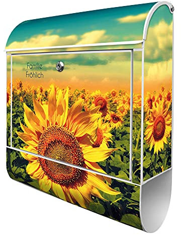 banjado® Design Briefkasten personalisiert mit Sonnenblumen 38,5x46,5x13cm & 2 Schlüssel - Briefkasten Stahl weiß mit Zeitungsfach pulverbeschichtet - Postkasten A4 Einwurf inkl. Montagematerial
