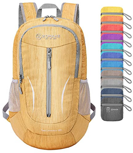 ZOMAKE Faltbarer Rucksack Leicht 25L-Kleiner Rucksäcke Wasserdicht Wanderrucksack Packable Backpack für Damen Herren Outdoor Wandern(Schlammgelb)