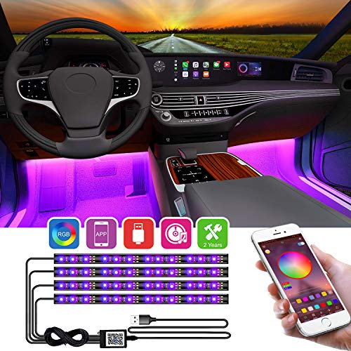 YiLaie LED Innenbeleuchtung Auto,4pcs 48LED Atmosphäre Licht Auto RGB Strips wasserdichte Innenraumbeleuchtung,APP Steuerbare mit Musik Synchronisation,5V USB-Port