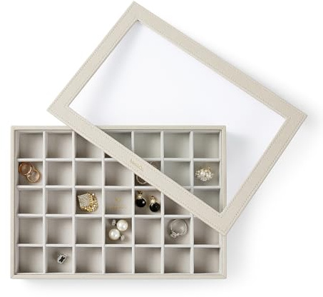 Vee Stapelbares Schmucktablett mit Stalinit-Deckel, hohe Kapazität, Schmuckdisplay, Vitrine, Organizer für Halsketten, Armbänder, Ringe, Ohrringe (35 Fächer, grau)