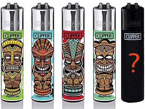 Clipper Original Lighter Flints 4 Set + 1 Überraschungsclipper Feuerzeug All u Need Schlüsselanhänger Flaschenöffner (Tiki #2)
