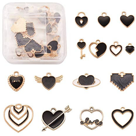 Cheriswelry Herzanhänger aus Metalllegierung, Emaille, 15 Stile, schwarz, Liebesherz, baumelnde Perlen, vergoldet, für DIY-Schmuck, Basteln, Geschenke, 60 Stück