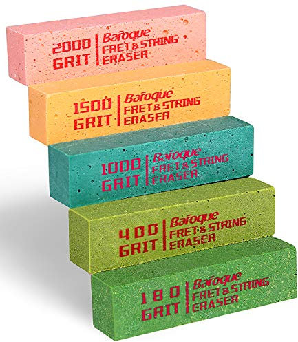 Gitarren Bundradierer Set, Bundfeile für Gitarre, Schleifgummi Gotarre, Gitarre Bund Polieren, Gitarren Politur, Fret Polishing Rubber, Poliergummi 5er Pack (180 & 400 & 1000 & 1500 & 2000 Körnung)