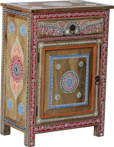 GURU SHOP Bemalter Beistellschrank, Kommode, Nachttischschrank mit Schublade - Modell A1, 71x51x31 cm
