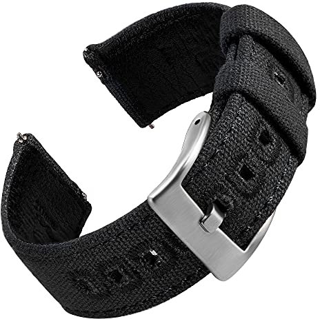 EACHE Uhrenarmband 18mm, Segeltuch und Leder Hybrid Uhrenarmbänder für Herren, Armband für Uhr mit Schnellverschluss (Schwarz-Silber Schnalle)