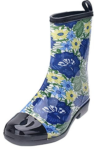 FNKDOR Stivali da pioggia da donna con stampa in gomma, per esterni, lisci, impermeabili, antiscivolo, con tacco, Blu, 40 EU