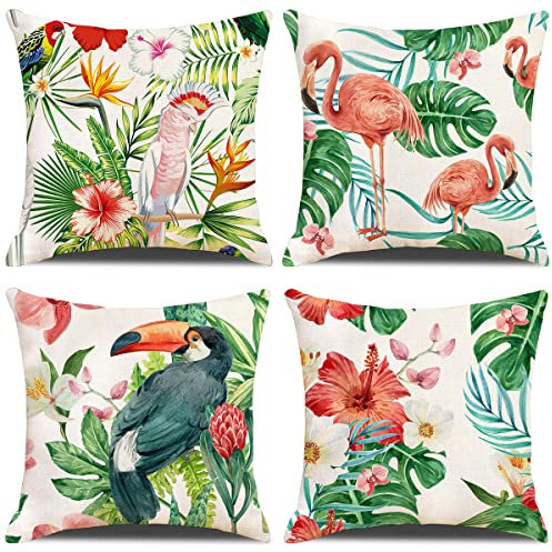 ZHAOMIMI 4er Set Dekorativ Kissenbezug Sommer Grüne Blätter Flamingo Baumwolle Leinen Kissenhülle Dekokissen Sofakissen für Couch, Auto, Schlafzimmer 45x45 cm