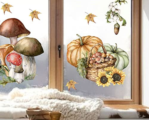 wolga-kreativ Fenstersticker Fensterbilder Glasdekorfolie Motiv Fensterfolie Fenstertattoo Herbst Kürbis Pilze Sonnenblumen Vogel Aufkleber Sticker Fenster Küche Wohnzimmer