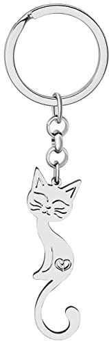 BAMAY Edelstahl Silber Vergoldet Katze Schlüsselanhänger Kätzchen Schlüsselanhänger Haustiere Schmuck für Frauen Mädchen Charms Geschenke (Versilbert 041)