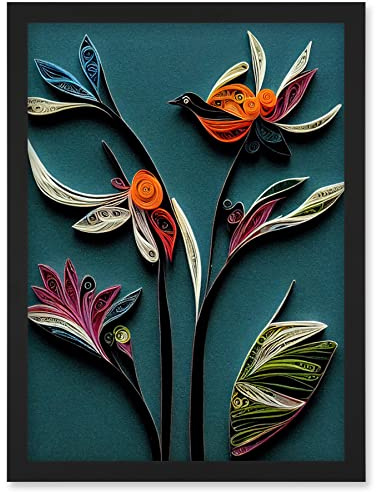 Wee Blue Coo Modern Paper Quilling Bird on Exotic Flower Plant Leaves Blue Orange Teal Artwork Framed Wall Art Print A4