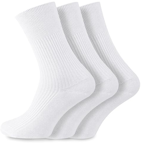 Socksmad® Herr icke-elastisk 100 % bomull mjuk topp diabetiker vänliga strumpor slät tå söm 3 par UK 6-11, Vitt, 40-45 EU