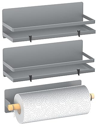 SlimmKISS Magnetic Spice Rack Moveable Magnetic Shelf Organizer with Paper Towel Holder Kitchen Refrigerator Seasoning Storage Rack Fridge Magnet Organizer,Grey,3 Packs