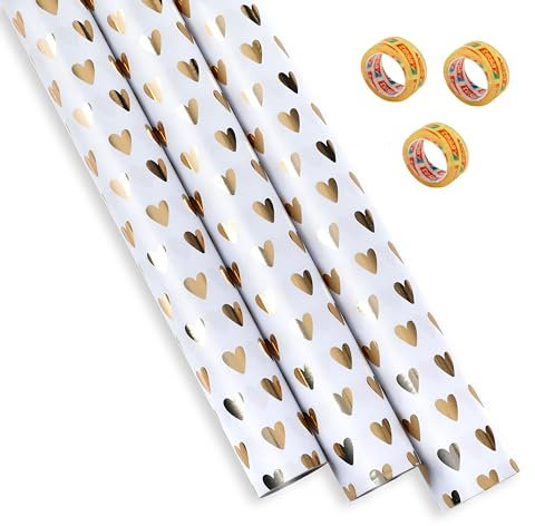KC Shop Germany, Geschenkpapier, Rollen, 70x300cm, gold, schick, Hochzeit, schön, edel, Herzen, Baby, groß, Kind, Frau, Mann (Goldene Herzen mit Tesarollen)