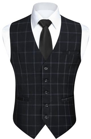 HISDERN Schwarz Anzugweste für Herren Formale Weste Hochzeits Party Anzug Weste Plaid Klassisch Business,Schwarz 2,L
