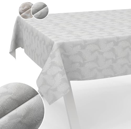 Tischdecke Stoff abwaschbar Lurex Tischtuch Tafeldecke Teflon beschichtet pflegeleicht Lotuseffekt schmutz- & wasserabweisend Kate Floral Blätter 200x140cm Schnittkante Silber