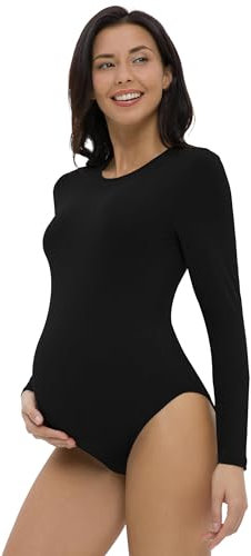 Gowjog Body De Grossesse à Manches Longues, Col Rond, Combinaison, Robes Vêtements Maternité Body De Maternité(Noir,S)