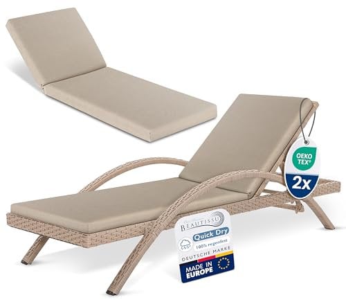Beautissu Deckchair Auflagen für Gartenmöbel Wasserdicht 2er Set Auflage Liege 190x60 cm Sonnenliege Auflage Outdoor Polster Wetterfest Schnell Trocknend Waschbar – Auflagen für Gartenliegen Beige