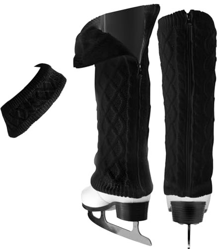 Beinwärmer und Stirnband Set für Eiskunstlauf Hockey Schlittschuhlaufen Eislaufen,Warm stricken Winter Fleece Gefüttert Beinwärmer und Stirnband für Ballett Dance.Ice Skating Zubehör (Schwarz, Lang)