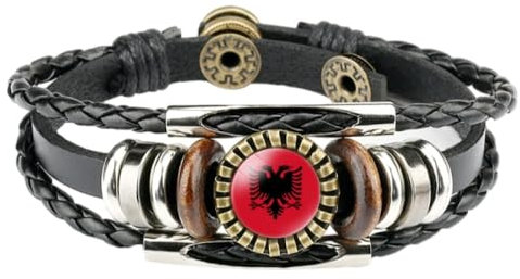 GONMFKM Modisches Armband Mit Albanien-Flagge – Vintage, Mehrschichtig, Gewebt, Verstellbare Perlen-Druckknopf-Armbänder, Punk-Schmuck Für Damen Und Herren, Geschenk-Accessoires, Schwarz, Lang 18 Cm