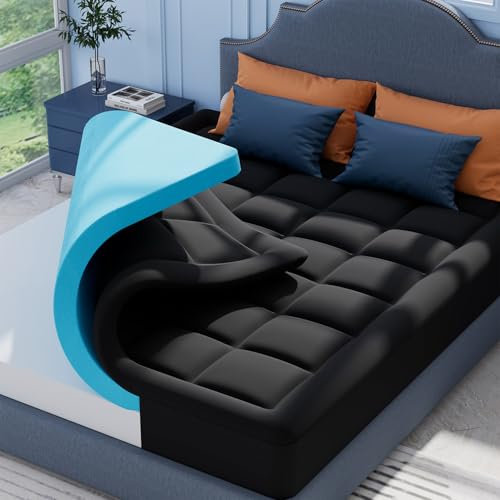 ELEMUSE Schwarz Matratzen Topper 180x200cm H3 Gel Topper mit Waschbarem Flauschigem Bezug und Gelschaum, 7CM Höhe Weicher und Bequemer Matratzentopper für Boxspringbett und Unbequeme Betten Schlafsofa
