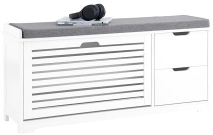 SoBuy Schuhbank mit Sitzfläche und Stauraum – Sitzbank Flur mit Sitzkissen & 2 Schubladen – Schuhregal Platzsparend für Diele, Flur, Schlafzimmer – Weiß, 110x30x52cm, 150kg – FSR185-W