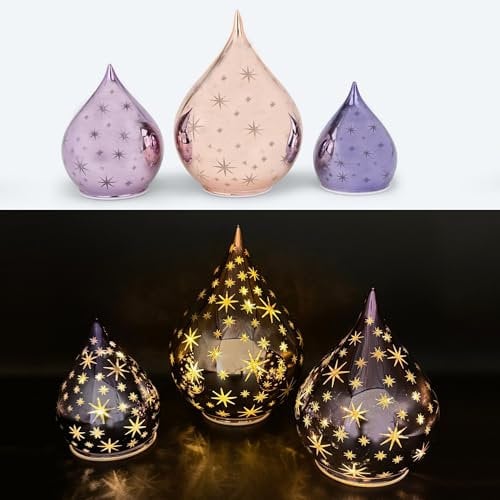 3 Deko Glastropfen mit LED Lichterkette, Sternen, Leuchteffekten und Timerfunktion - Stimmungslicht, Weihnachtsdeko (Lila Töne)