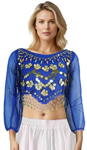 MUNAFIE Bauchtanz Oberteil Bauchtanz Kostüm Damen Pailletten Oberteil Damen 3/4 Ärmel Pflaumengemustertes Tanz Top mit Glocken Dunkelblau