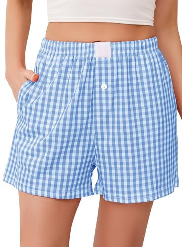 Lovasy Bas de Pyjama Femme Coton Court Pantalon de Nuit Été à Carreaux Short Pyjama Grande Taille avec Poches,A-Bleu,S