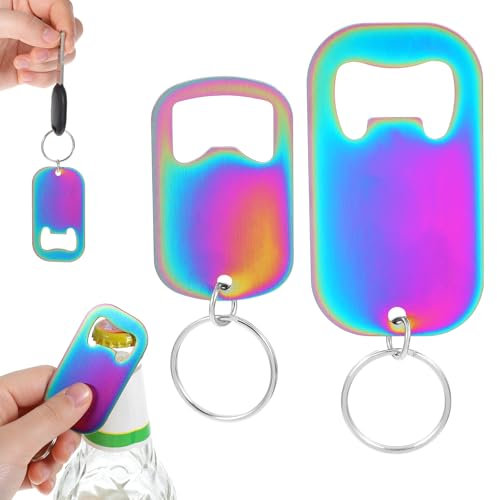 Bottle Opener Key 2 Pieces Chain Colorful Stainless Steel Flat Bottle Opener Keychain Portable Beer Bottle Opener Key Chain Keyring for Bartender Kitchen Bar Restaurant Banquet Party(Large & Small)
