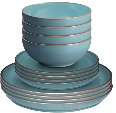 Denby - Azure Blue Coupe 12 Piece Dinner Set - Dishwasher & Microwave Safe Ceramic Crockery - Glaze Effect - Stoneware Tableware - Chip, Crack Resistant - Dinner Plates, Lunch Plates & Cereal Bowls