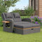 DRIXNO Garten-Lounge-Sessel-Set für 2 Personen, graues Rattan, verstellbare Rückenlehne, Stützfuß, mit Fußhocker oder als Outdoor-Bett nutzbar, mit Rückenkissen und Sitzkissen