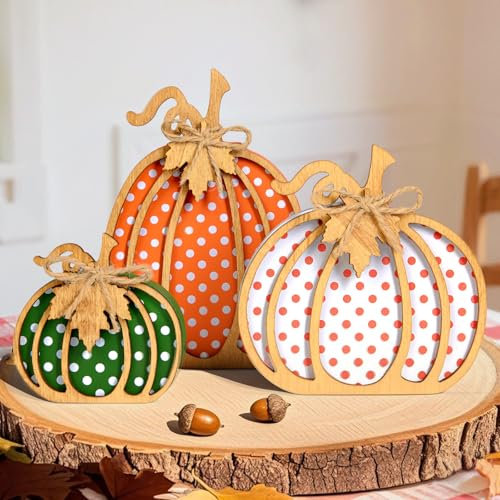 OLANRUN Decoración de otoño, decoración de calabaza de Acción de Gracias para el hogar, 3 piezas de calabazas de madera, decoración de mesa de otoño para bandeja escalonada, chimenea, estante