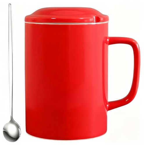 NIUKOMY Extra Große Keramik Kaffeetasse 1 Liter mit Deckel & Löffel, Rot | Jumbo Teetasse, spülmaschinenfest & mikrowellengeeignet, riesige Tasse für Kaffee, Tee, heiße Schokolade, Zuhause & Büro