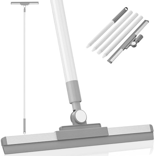 Escobilla Goma Suelos 36cm con Cabezal Giratorio 180°, Rasqueta Limpia Cristales Mango Largo Ajustable, Escoba Limpiador Suelo, Raspador Limpiar Ducha para Ventanas, Azulejos Baño, Cocina,Patio,Jardín