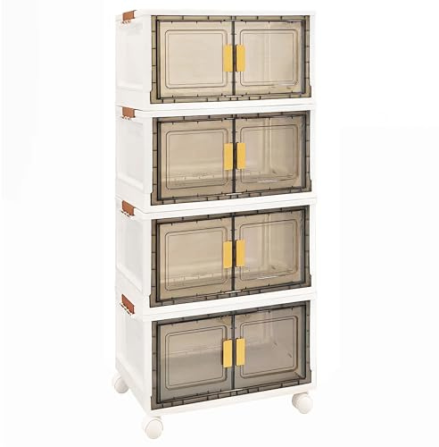 Vertical Box Storage Bins with Steel Reinforced Swivel Wheels, Plastic Storage Containers 3 Ways Easy Access Tinted Wide Twin Doors, Stackable Foldable Collapsible Bin, Pack 4