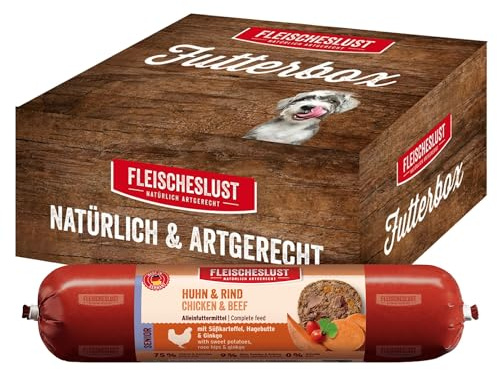Fleischeslust Hundewurst, Senior Huhn & Rind mit Süßkartoffel, Hagebutte & Gingko als Futterbox (6x800g), Nassfutter-Wurst schnittfest & getreidefrei, Hundefutter für ältere Hunde