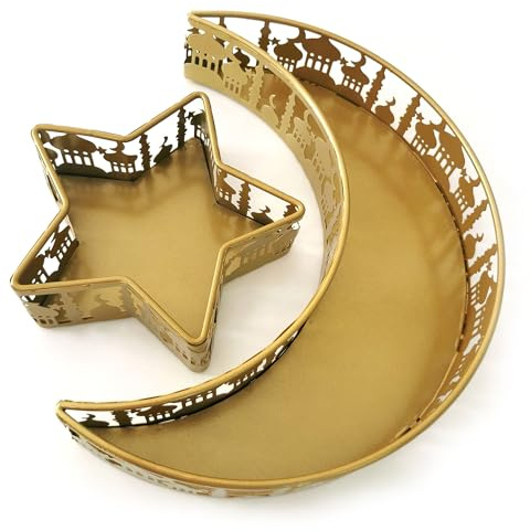 XinYangSpring Ramadan Tablett Mond Stern Eid Mubarak Teller Metall Golden Serviertablett Für Ramadan Eid Mubarak Dekorationen